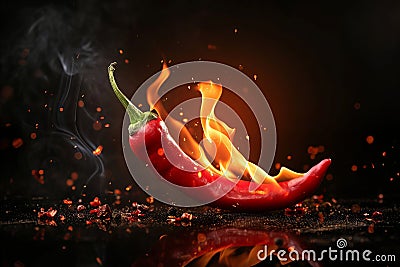 A flaming hot red chilli pepper on fire. Burning hot spicy chilli food Stock Photo