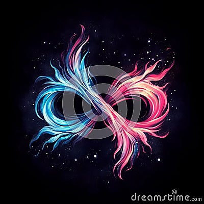 Flaming infinity sign. Esoteric concept of spiritual love. Twin flame logo. Illustration on black background for web Stock Photo