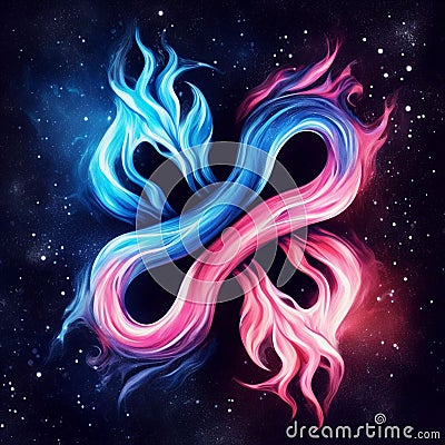 Flaming infinity sign. Esoteric concept of spiritual love. Twin flame logo. Illustration on black background for web Stock Photo