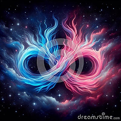 Flaming infinity sign. Esoteric concept of spiritual love. Twin flame logo. Illustration on black background for web Stock Photo