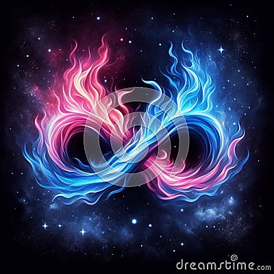 Flaming infinity sign. Esoteric concept of spiritual love. Twin flame logo. Illustration on black background for web Stock Photo