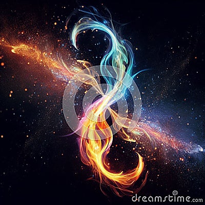 Flaming infinity sign. Esoteric concept of spiritual love. Twin flame logo. Illustration on black background for web Stock Photo