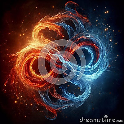 Flaming infinity sign. Esoteric concept of spiritual love. Twin flame logo. Illustration on black background for web Stock Photo