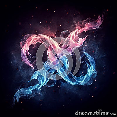 Flaming infinity sign. Esoteric concept of spiritual love. Twin flame logo. Illustration on black background for web Stock Photo