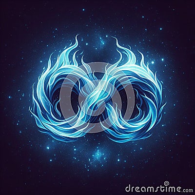 Flaming infinity sign. Esoteric concept of spiritual love. Twin flame logo. Illustration on black background for web Stock Photo