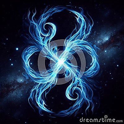 Flaming infinity sign. Esoteric concept of spiritual love. Twin flame logo. Illustration on black background for web Stock Photo