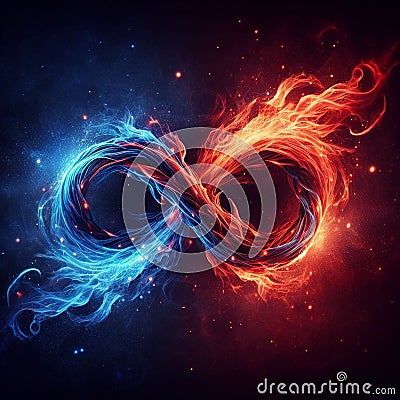 Flaming infinity sign. Esoteric concept of spiritual love. Twin flame logo. Illustration on black background for web Stock Photo