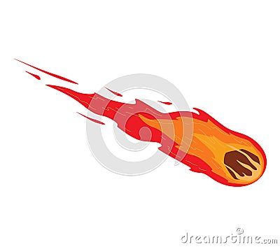 Flaming meteorite speeding through space. Fiery asteroid comet falling with tail. Space disaster cataclysm vector Cartoon Illustration