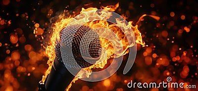 Flaming microphone with vibrant fire and sparks creating dynamic visual effect Stock Photo