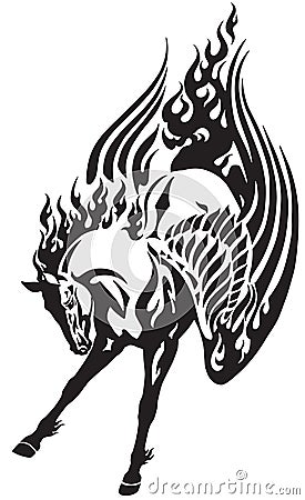 Flaming pegasus horse tribal tattoo Vector Illustration