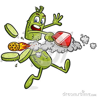 Flaming pickleball rocketing through a pickle cartoon character and chopping him in half Stock Photo