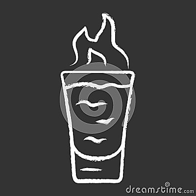 Flaming shot chalk icon. Glass with beverage and burning fire. Drink with flammable high-proof alcohol. Absinthe Vector Illustration