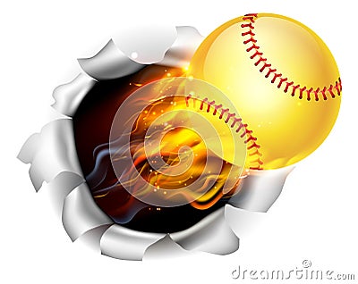 Flaming Softball Ball Tearing a Hole in the Background Vector Illustration