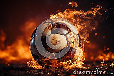 Flaming spectacle, soccer ball aglow on field, stadium radiates with fiery intensity Stock Photo