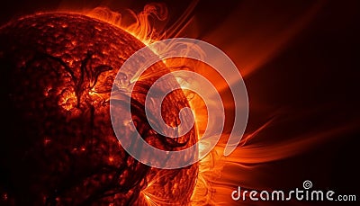 Flaming sphere illuminates dark futuristic galaxy backdrop generated by AI Stock Photo