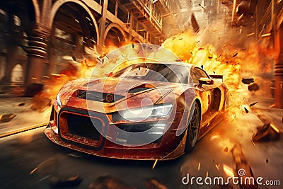 Flaming sports car in the fire, Action Cartoon Illustration