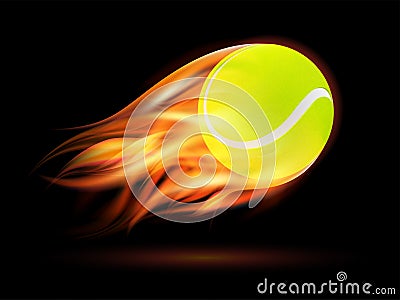 Flaming Tennis Ball. Tennis Ball flying in fire on dark background. Vector Illustration