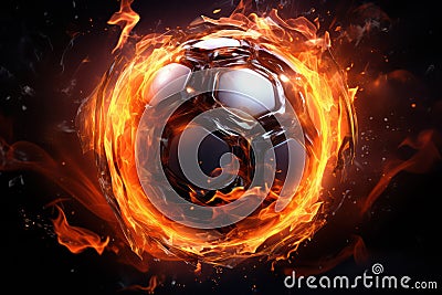 Flaming Victory: Soccer Ball Surrounded by Fiery Energy Stock Photo