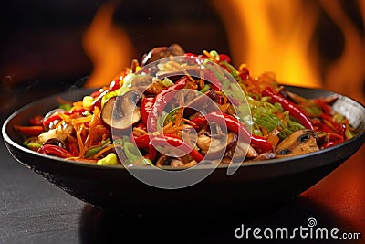 flaming wok with mushrooms and peppers, sizzling Stock Photo