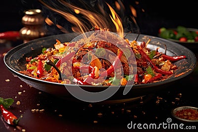 flaming wok with red-hot chili peppers and spices Stock Photo