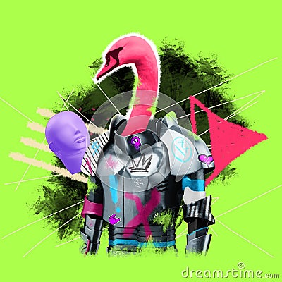 Flamingo, armor head. Banner picture Surrealism, art collage. modern look, magazine style, poster for advertising, mixed media. Stock Photo