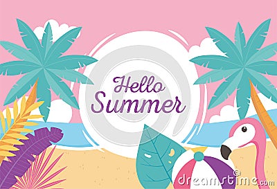 Flamingo bird beach ball with exotic tropical leaves, hello summer lettering Vector Illustration