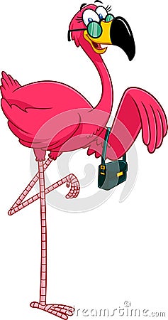 Flamingo Bird Girl Cartoon Character With Sunglasses And Handbag Vector Illustration