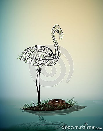 Flamingo bird look like tree branches with the nest, birds extinction concept, Vector Illustration