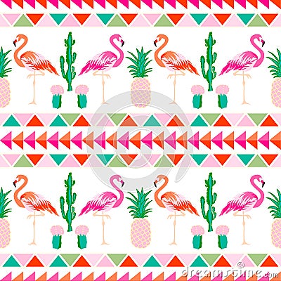 Flamingo bird with tropical cactus and pineapple ba Vector Illustration