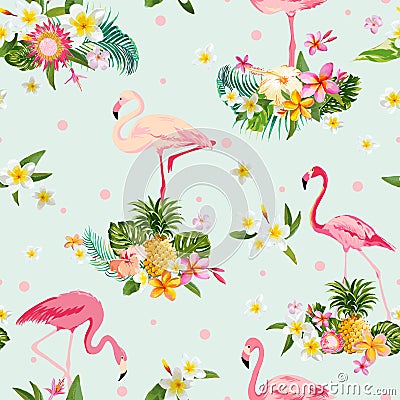 Flamingo Bird and Tropical Flowers Background Vector Illustration
