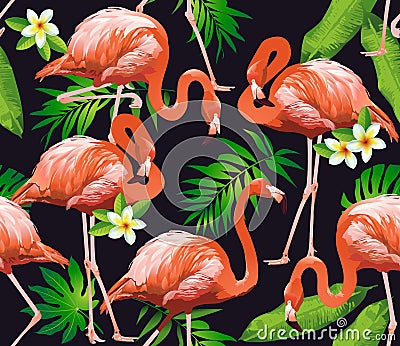 Flamingo Bird and Tropical Flowers Background Vector Illustration