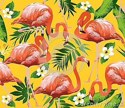 Flamingo Bird and Tropical Flowers Background Vector Illustration