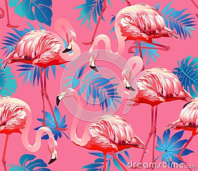 Flamingo Bird and Tropical Flowers Background - Seamless pattern vector Vector Illustration