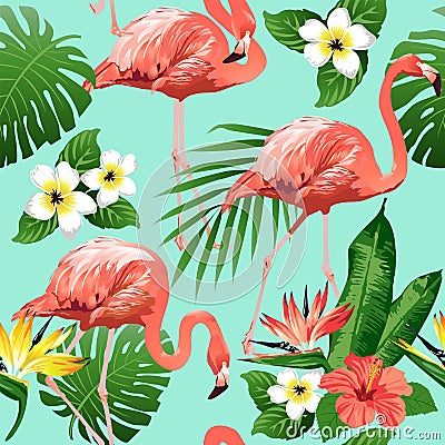 Flamingo Bird and Tropical Flowers Background - Seamless pattern Vector Illustration