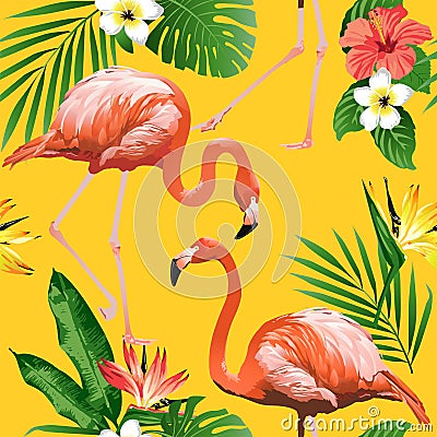 Flamingo Bird and Tropical Flowers Background - Seamless pattern Vector Illustration