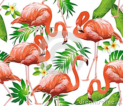 Flamingo Bird and Tropical Flowers - Seamless pattern Vector Illustration