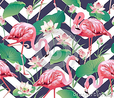 Flamingo Bird and Tropical lotus Flowers Background - Seamless pattern Vector Illustration