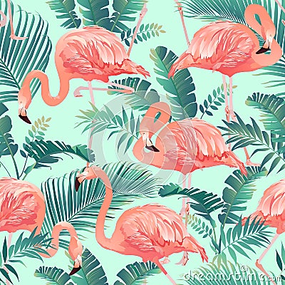 Flamingo Bird and Tropical palm Background Seamless pattern vector. Vector Illustration