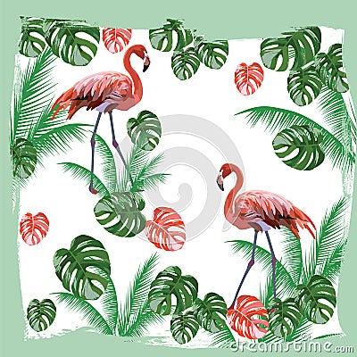 Flamingo birds and palm leaves Vector Illustration
