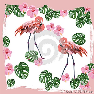 Flamingo birds and palm leaves Vector card Vector Illustration