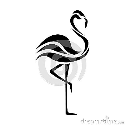 Flamingo black bird silhouette drawn on a white isolated background. Tattoo, creative logo for a company, travel agency, emblem Vector Illustration