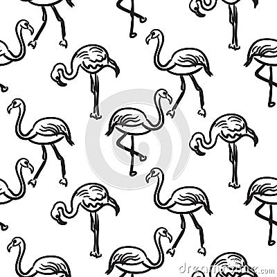 Flamingo black outline sketch seamless vector texture. Vector Illustration