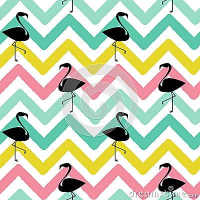 Flamingo black silhouette on abstract colorful chevron pattern seamless background illustration Vector Illustration