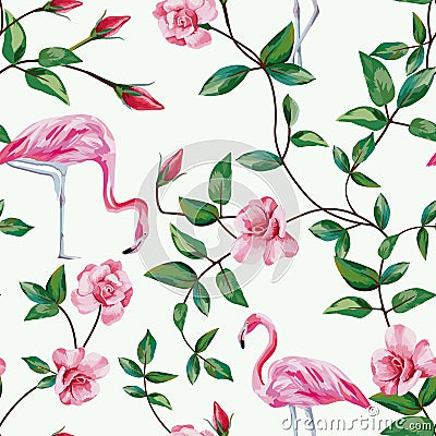 Flamingo and branch roses seamless white background Vector Illustration