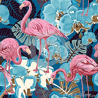 Flamingo on a colorful background. Seamless pattern with flamingos and tropical plants. Colorful pattern for textile Stock Photo