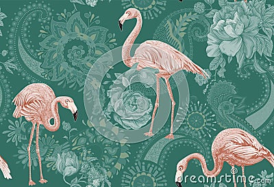 Flamingo on a colorful background. Seamless pattern with flamingos and tropical plants. Colorful pattern for textile Stock Photo