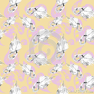 Flamingo, colorful summer foliage shadow watercolor seamless pattern on light. Stock Photo