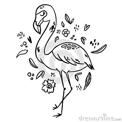 Flamingo doodle hand drawn coloring page. Cartoon abstract animal in scandinavian style. Wild rainforest animal. Grass Vector Illustration