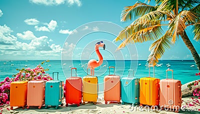 Flamingo Float and Colorful Luggage on Tropical Beach. Travel, holiday and leisure concept Stock Photo