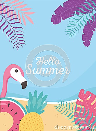Flamingo float pineapple beach exotic tropical leaves, hello summer lettering Vector Illustration